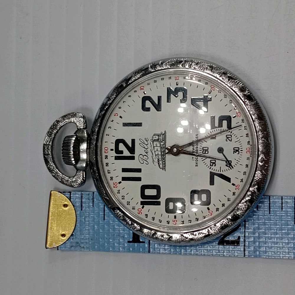 Belle-Suisse‎ Pocket Watch 17 Jewels Shock Absorber "Belle" Train Motif Vtg Box - Picture 12 of 16